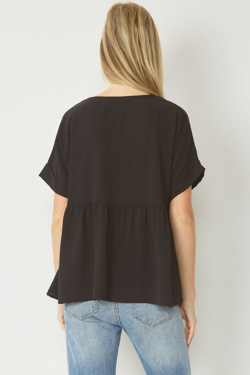 Entro® V-Neck Baby Doll Top with Cuffed Sleeve Detail