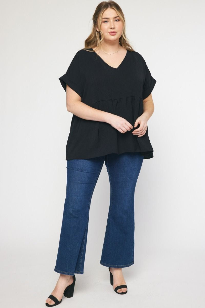 Entro® V-Neck Baby Doll Top with Cuffed Sleeve Detail