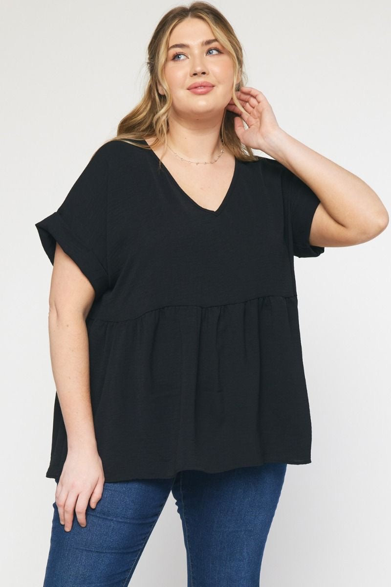 Entro® V-Neck Baby Doll Top with Cuffed Sleeve Detail