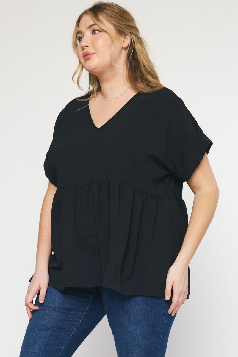 Entro® V-Neck Baby Doll Top with Cuffed Sleeve Detail