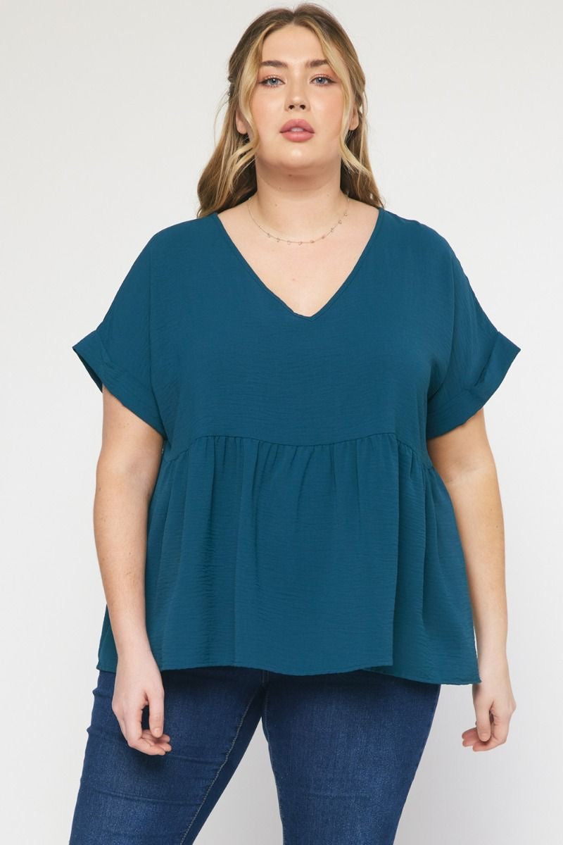 Entro® V-Neck Baby Doll Top with Cuffed Sleeve Detail