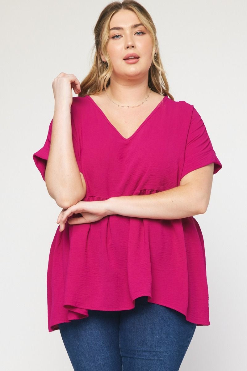 Entro® V-Neck Baby Doll Top with Cuffed Sleeve Detail