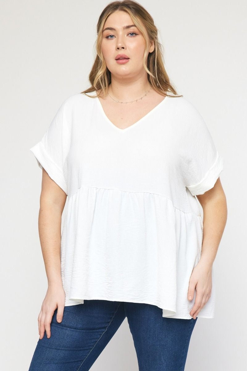 Entro® V-Neck Baby Doll Top with Cuffed Sleeve Detail