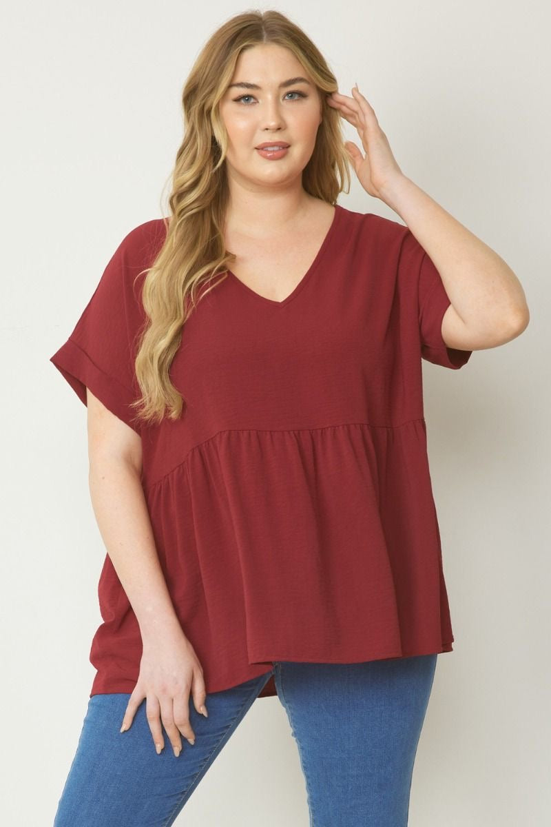 Entro® V-Neck Baby Doll Top with Cuffed Sleeve Detail