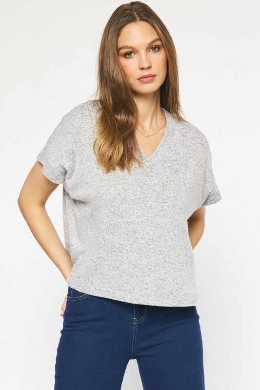 Short Sleeve V-Neck Knit Top With Hi-Lo Hem