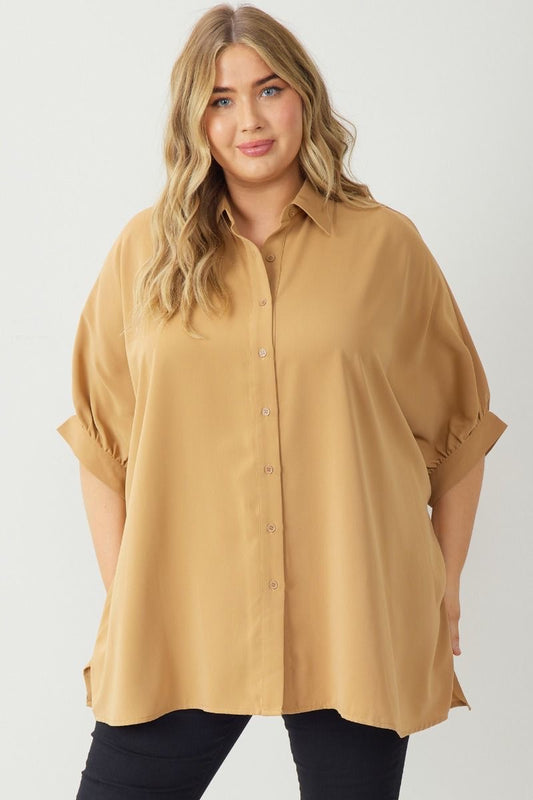 Entro® Dolman Curvy 3/4 Sleeve Button Up Top- Camel