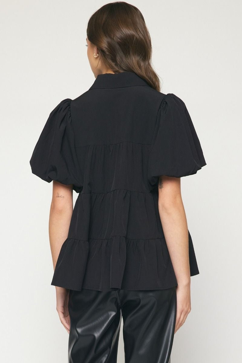 Entro® Collared Button Up Tiered Top With Puff Sleeves