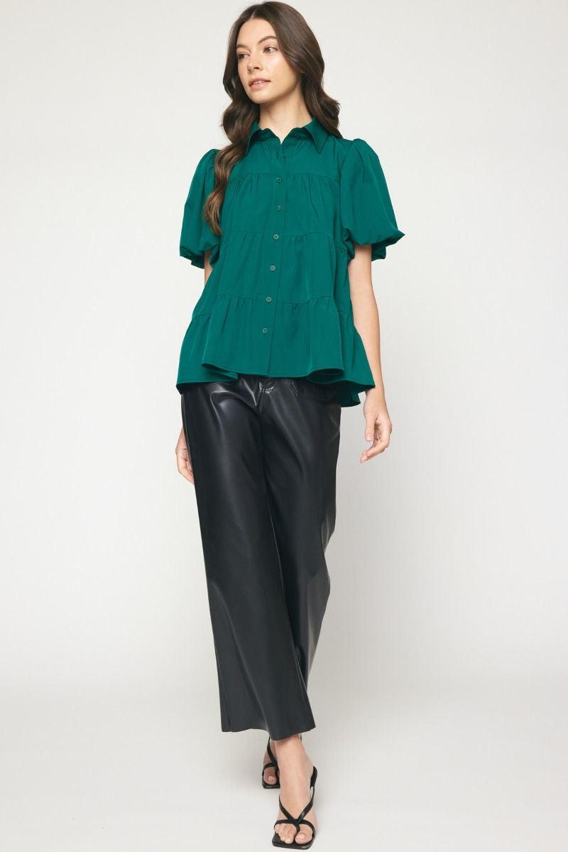 Entro® Collared Button Up Tiered Top With Puff Sleeves