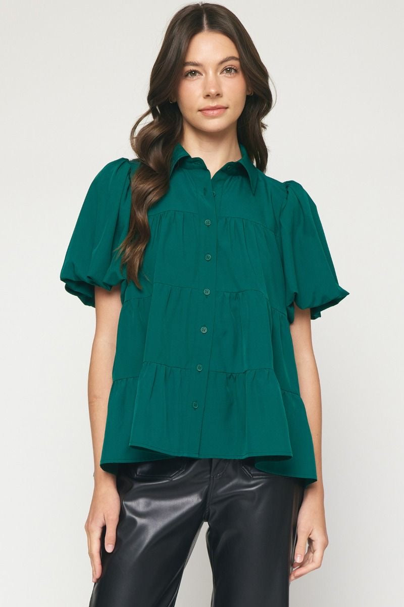 Entro® Collared Button Up Tiered Top With Puff Sleeves