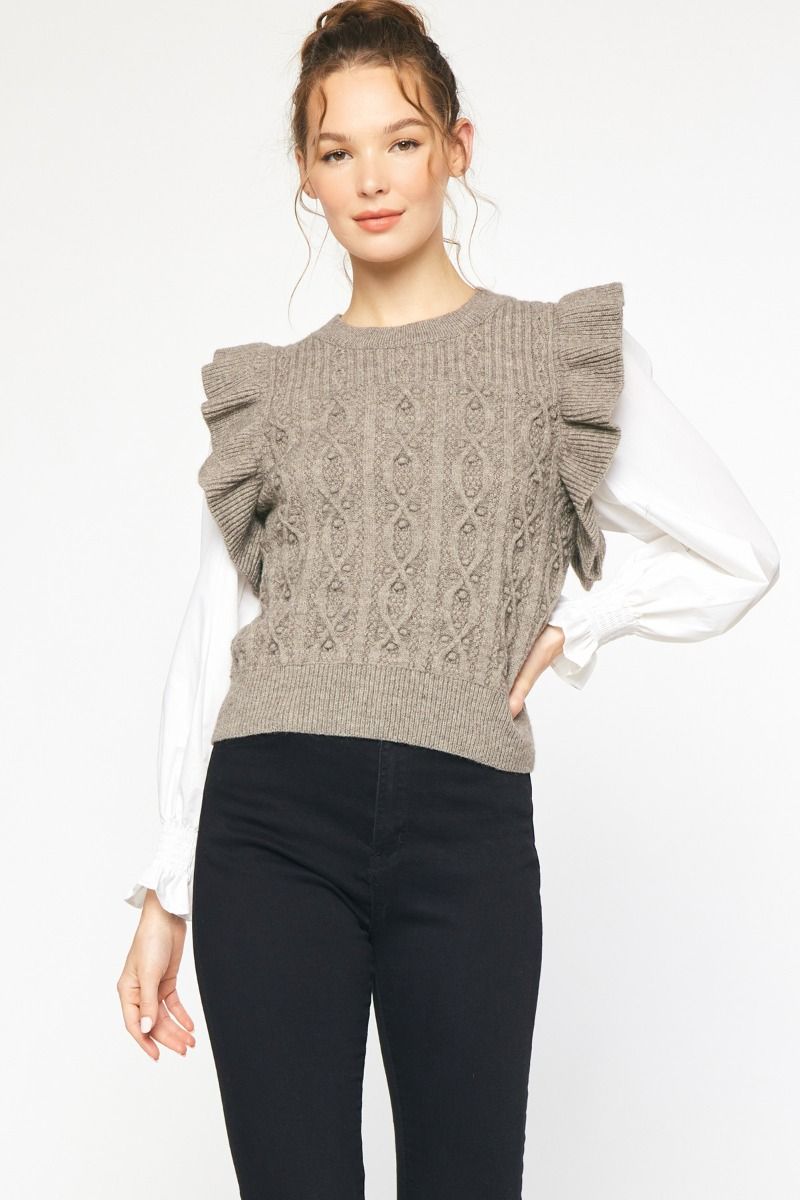 Textured Round Neck Sweater with Ruffle Details- Available in 2 Colors