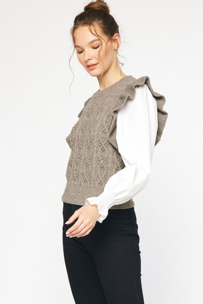 Textured Round Neck Sweater with Ruffle Details- Available in 2 Colors