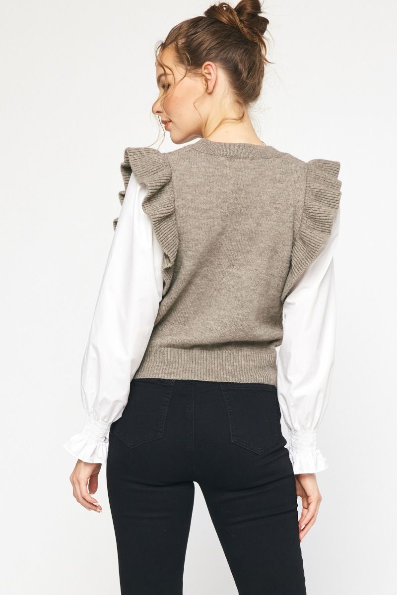 Textured Round Neck Sweater with Ruffle Details- Available in 2 Colors