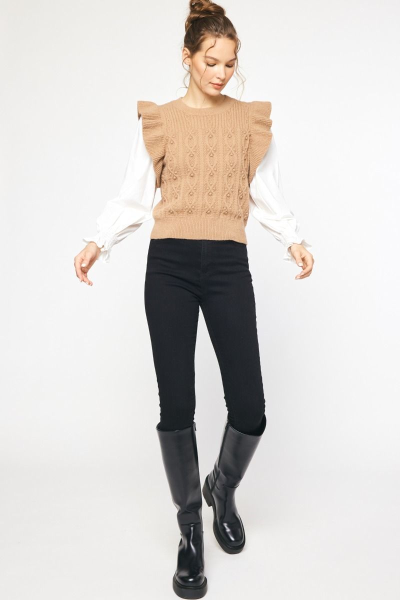 Textured Round Neck Sweater with Ruffle Details- Available in 2 Colors