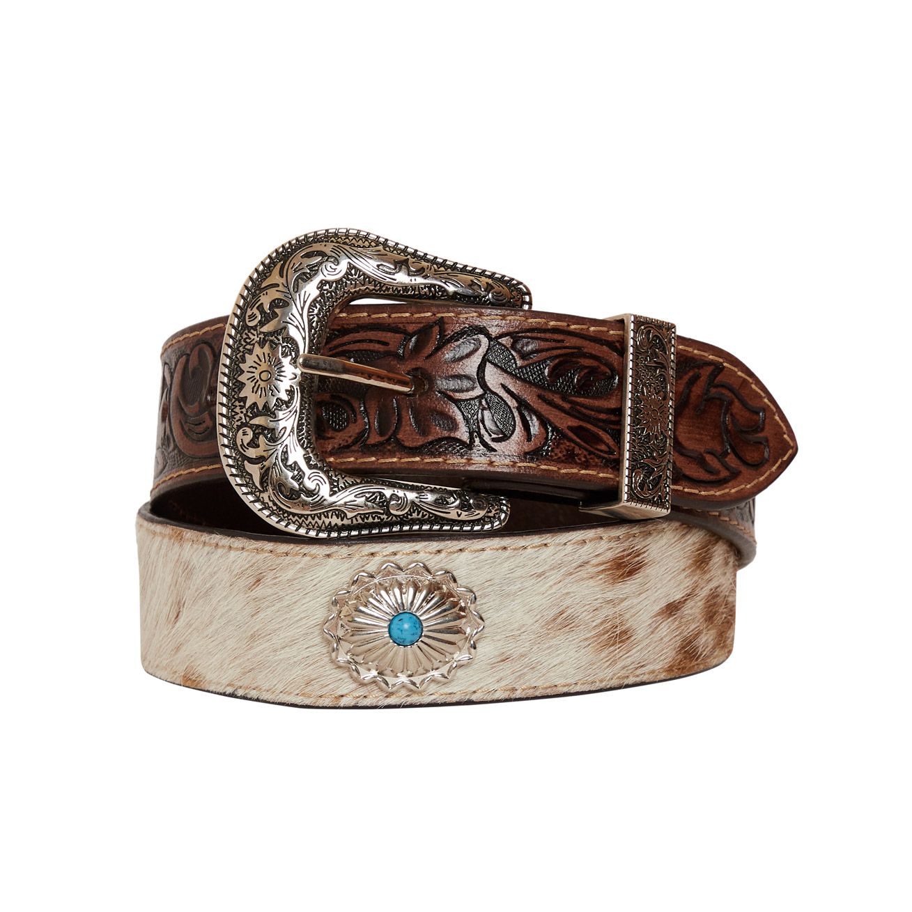 Myra- Mirky Brown Hand Tooled Leather Belt- Brown, White & Teal