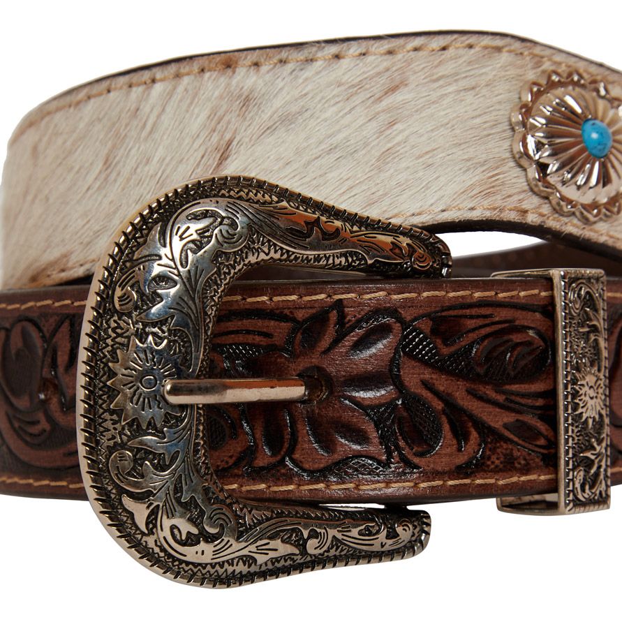 Myra- Mirky Brown Hand Tooled Leather Belt- Brown, White & Teal