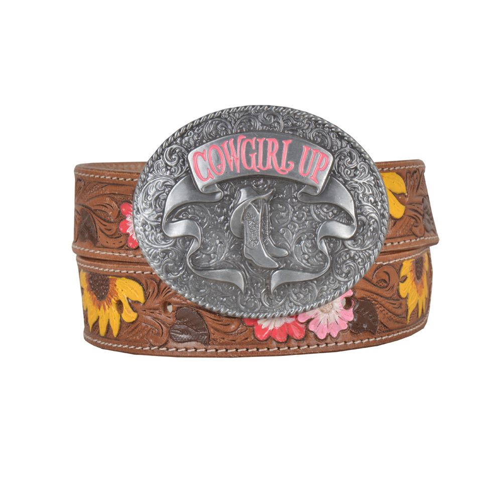 Myra- Bouquet Hand Tooled Leather Belt- Brown & Yellow