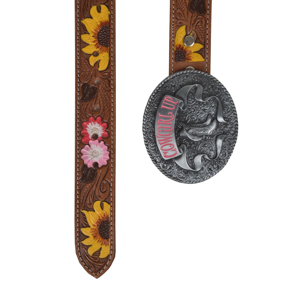 Myra- Bouquet Hand Tooled Leather Belt- Brown & Yellow