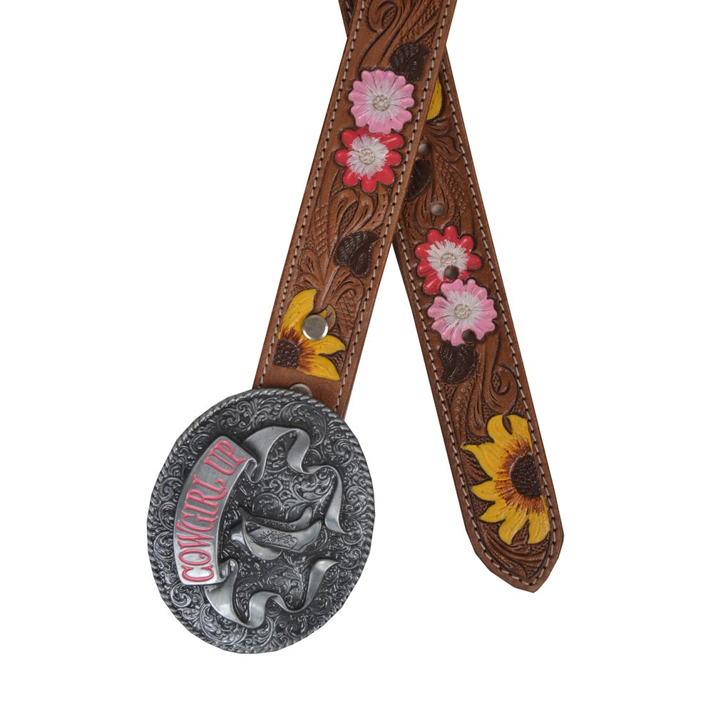 Myra- Bouquet Hand Tooled Leather Belt- Brown & Yellow