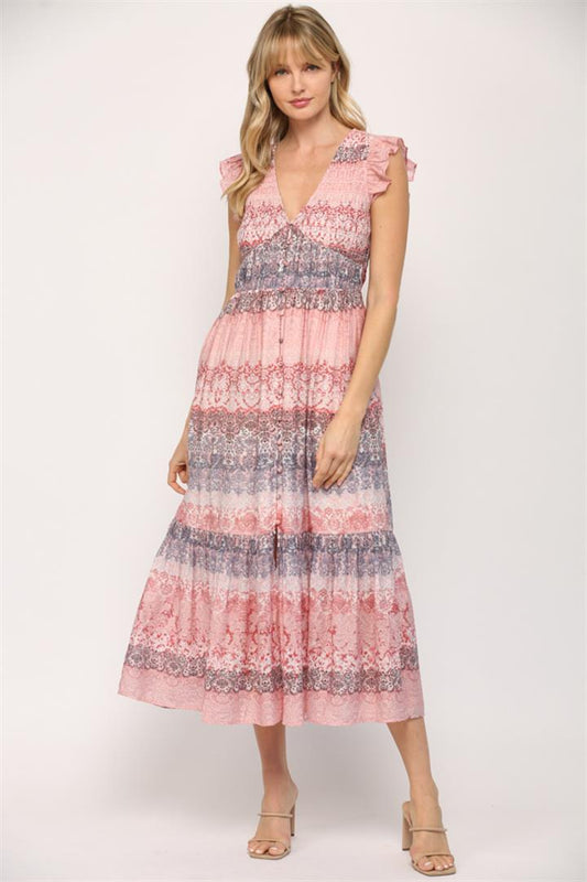 FATE® Smocked Bodice Ruffle Hem Maxi Dress in Multi Color Pink