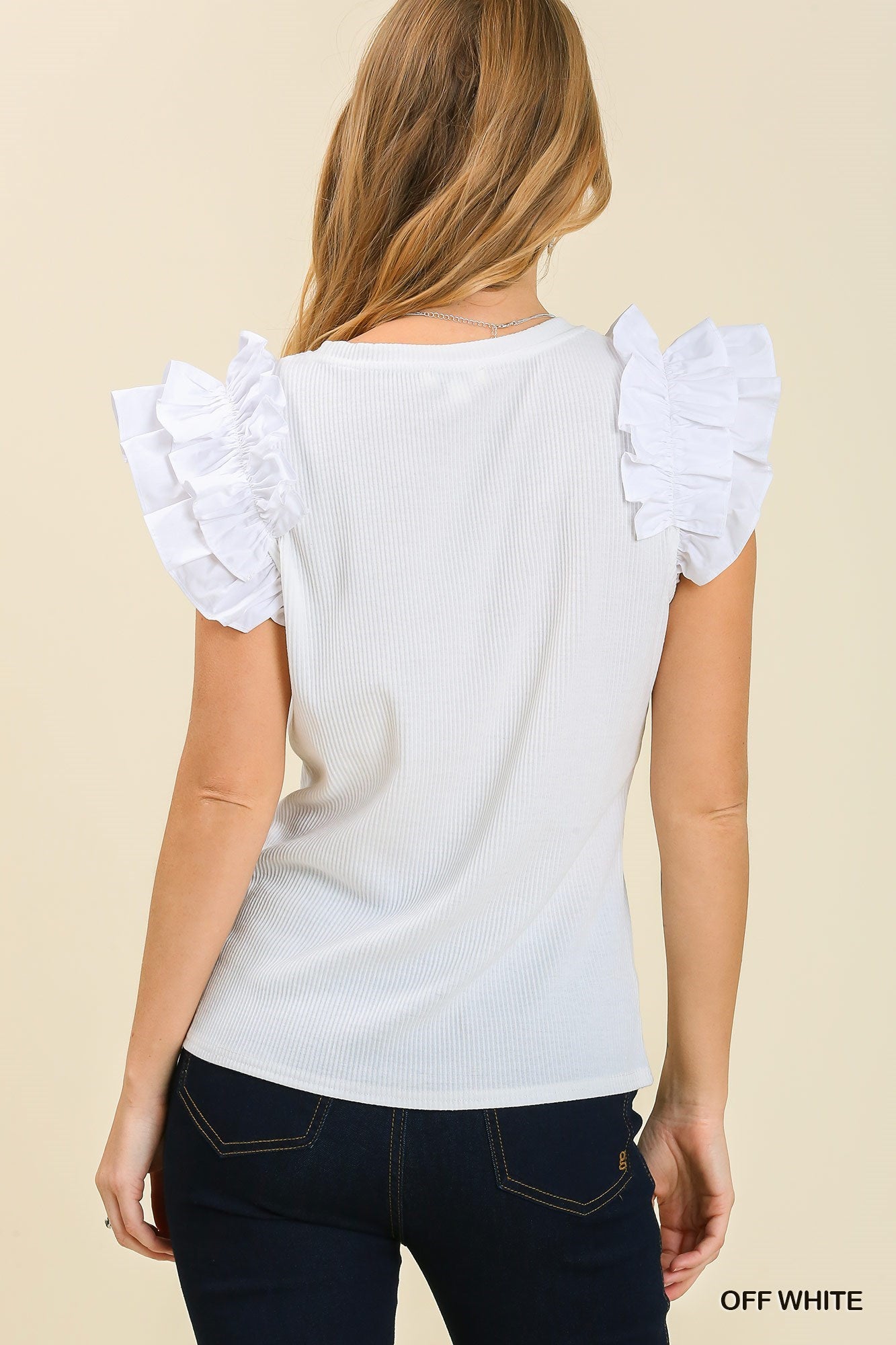 UMGEE® Ribbed Knit Top with Poplin Ruffle Sleeve - Off White