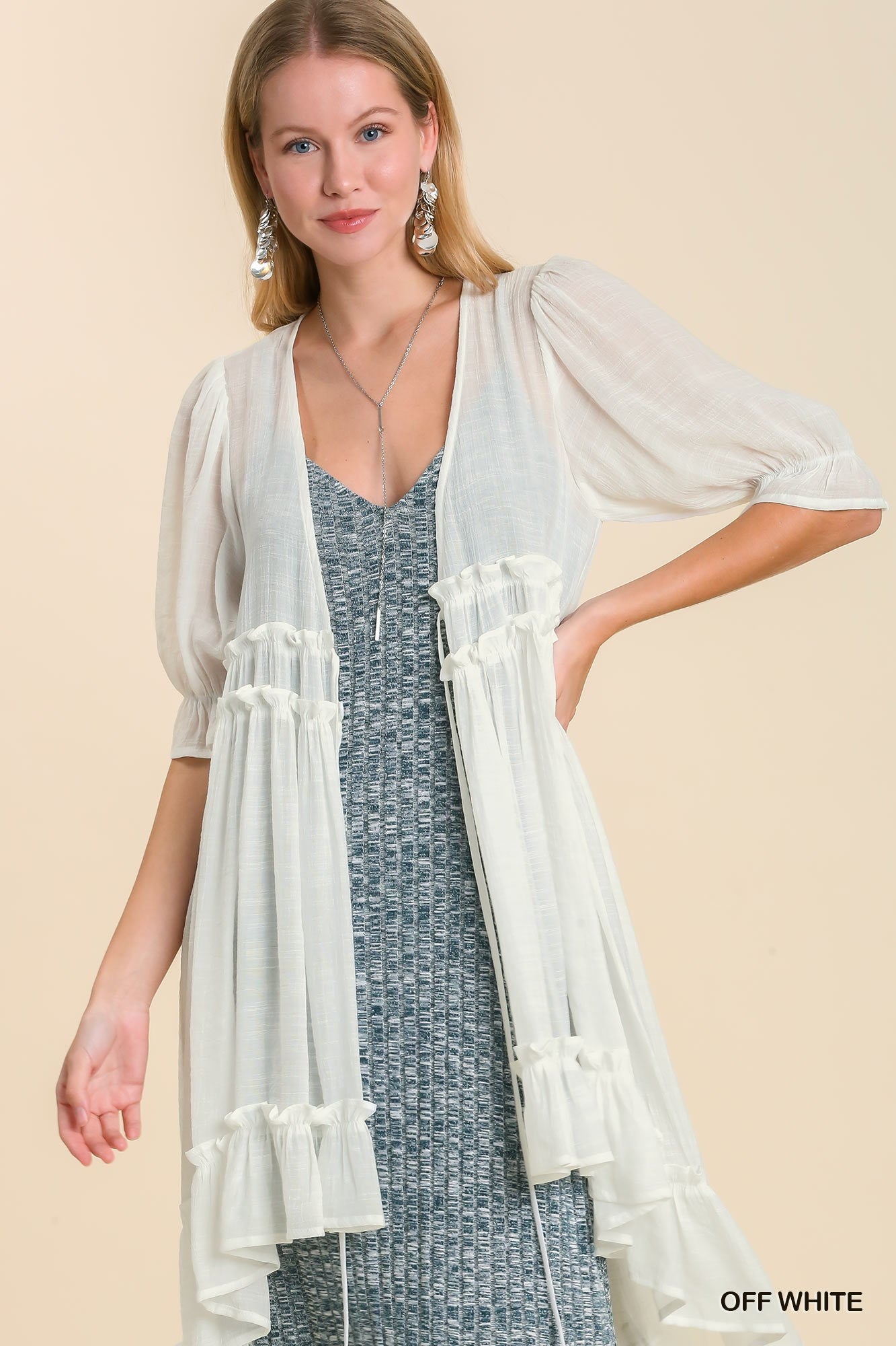 UMGEE® Kimono with 3/4 Ruffle Sleeves and a Tiered High Low in Off White