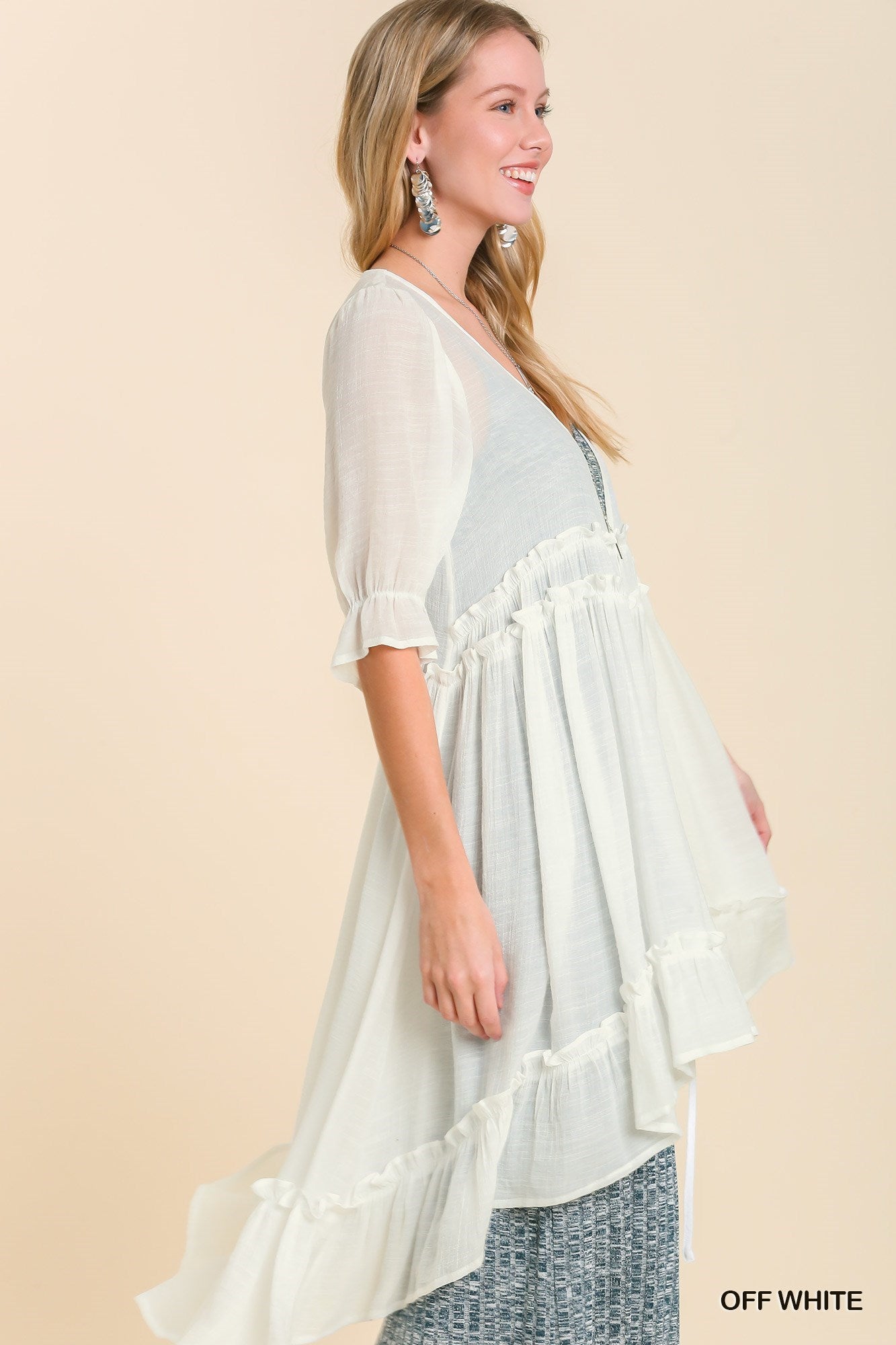 UMGEE® Kimono with 3/4 Ruffle Sleeves and a Tiered High Low in Off White