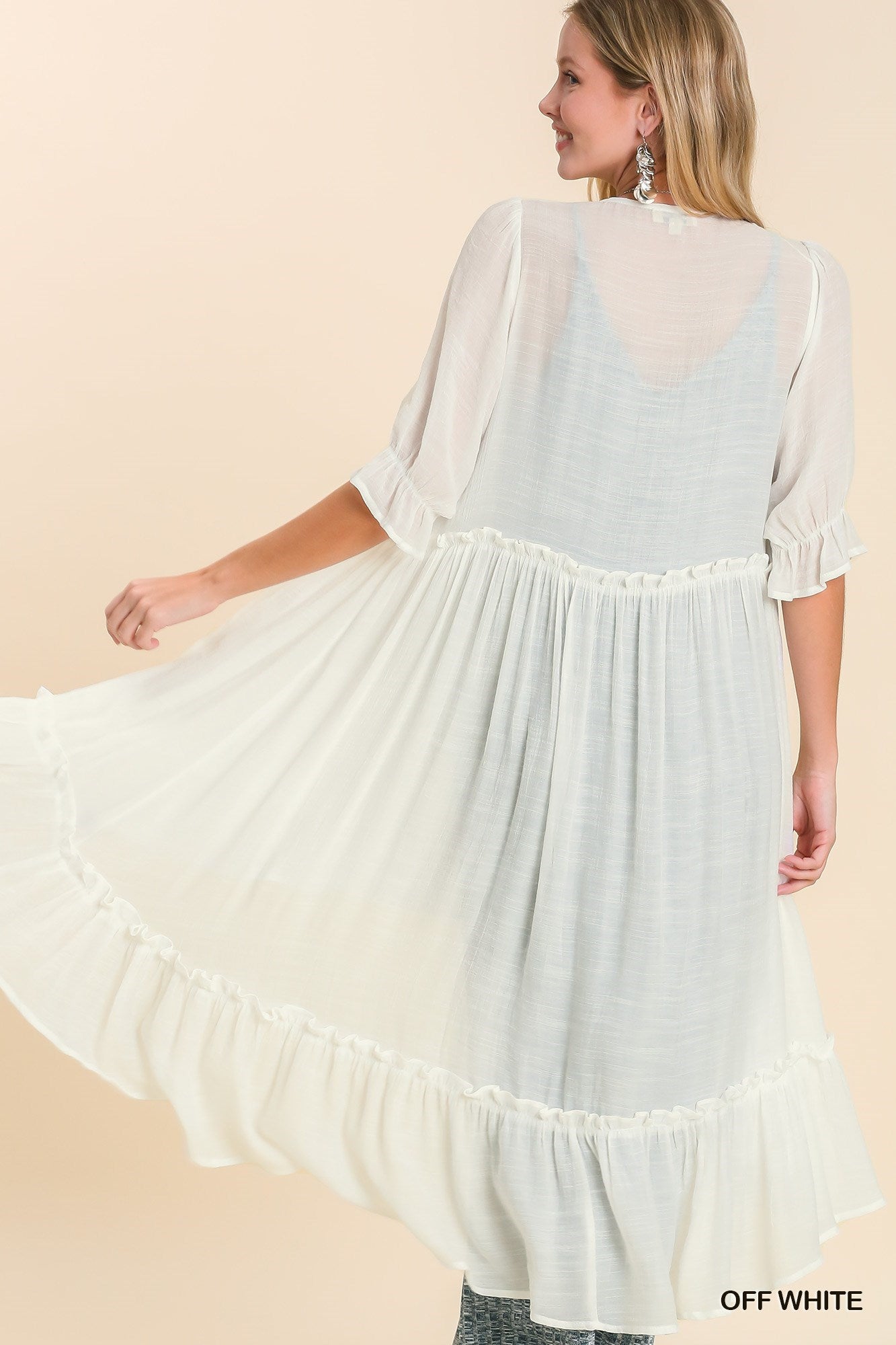 UMGEE® Kimono with 3/4 Ruffle Sleeves and a Tiered High Low in Off White