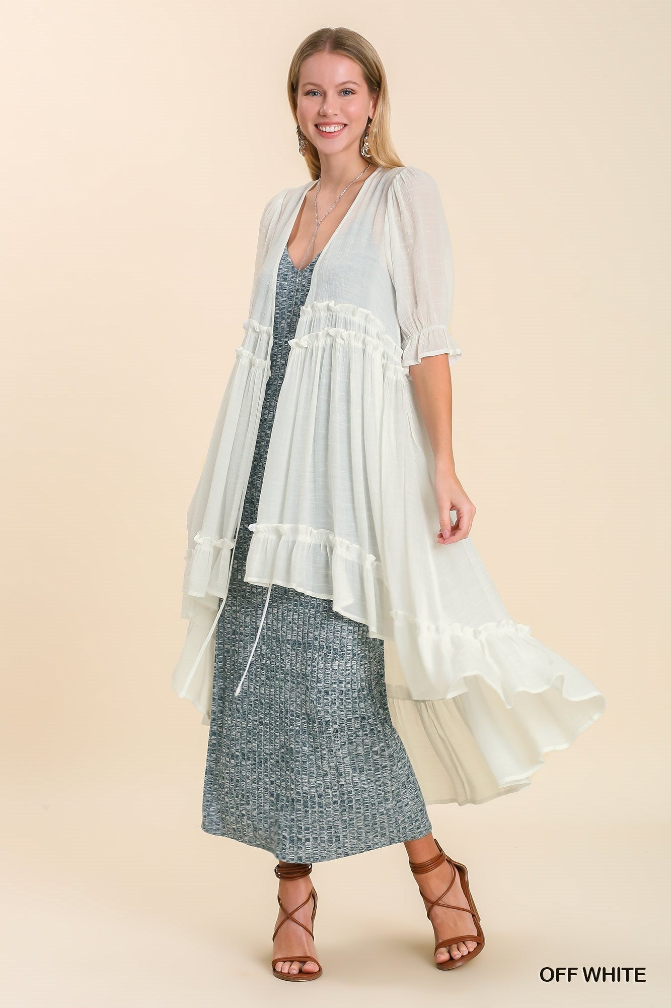 UMGEE® Kimono with 3/4 Ruffle Sleeves and a Tiered High Low in Off White