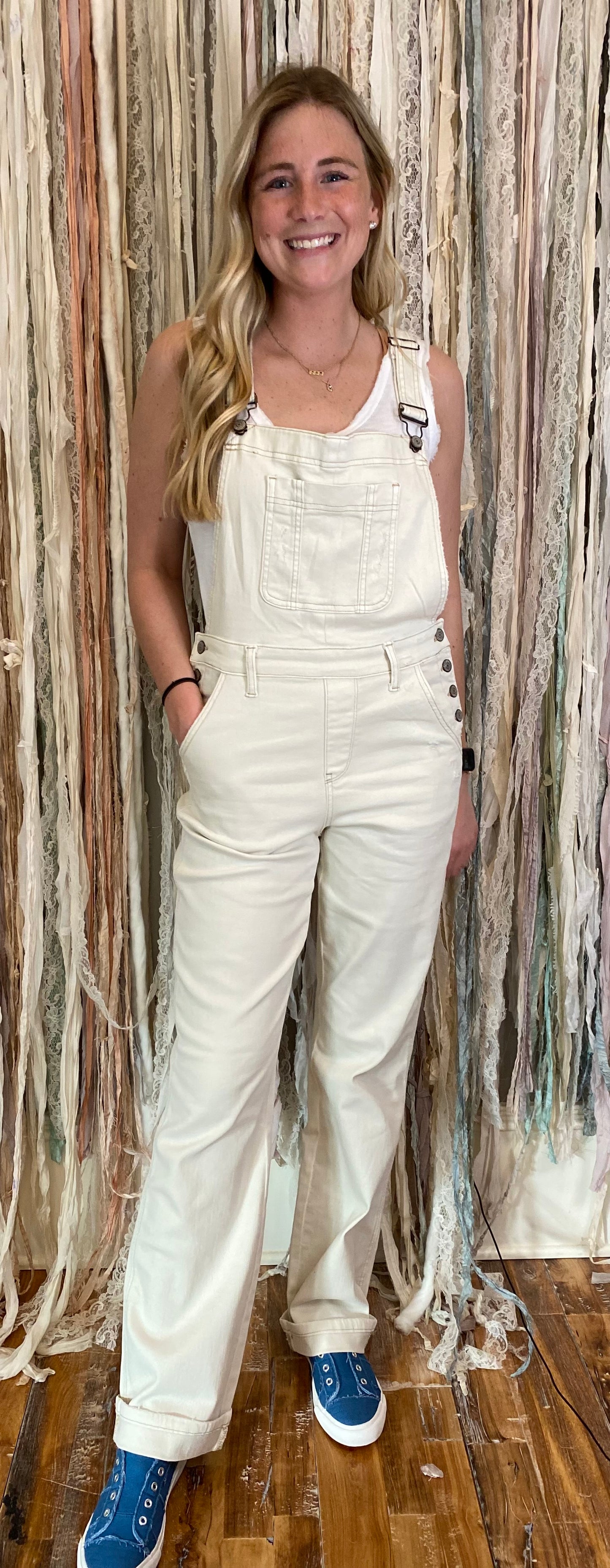 JUDY BLUE® Cuffed Overalls Straight in Ecru