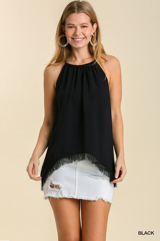 UMGEE® Sleeveless Top with Wood Beads & Frayed Hem No Lining-Black