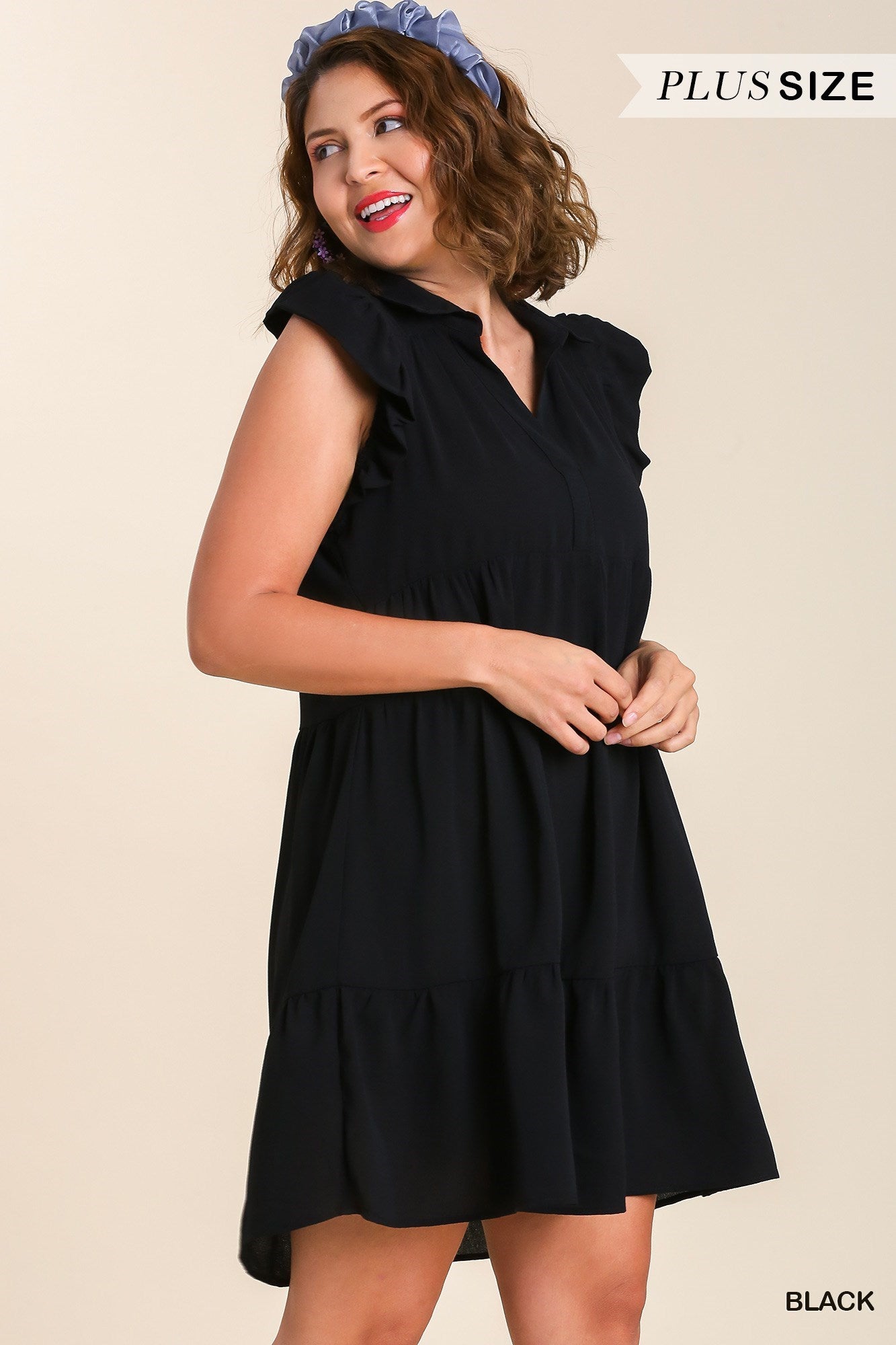 UMGEE® Tiered, Flutter Sleeves Dress-Black (Plus)