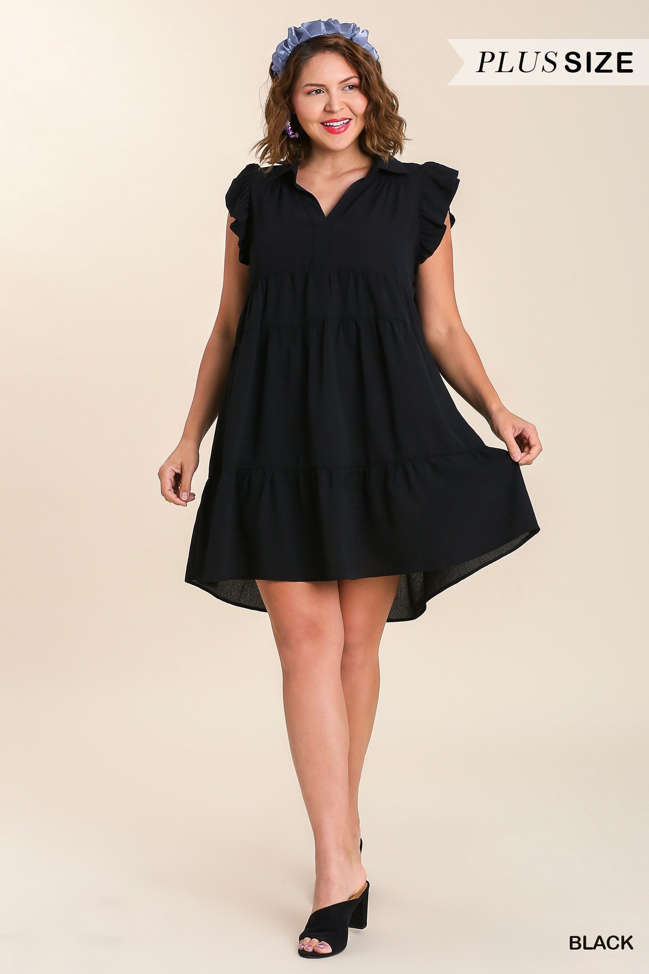 UMGEE® Tiered, Flutter Sleeves Dress-Black (Plus)