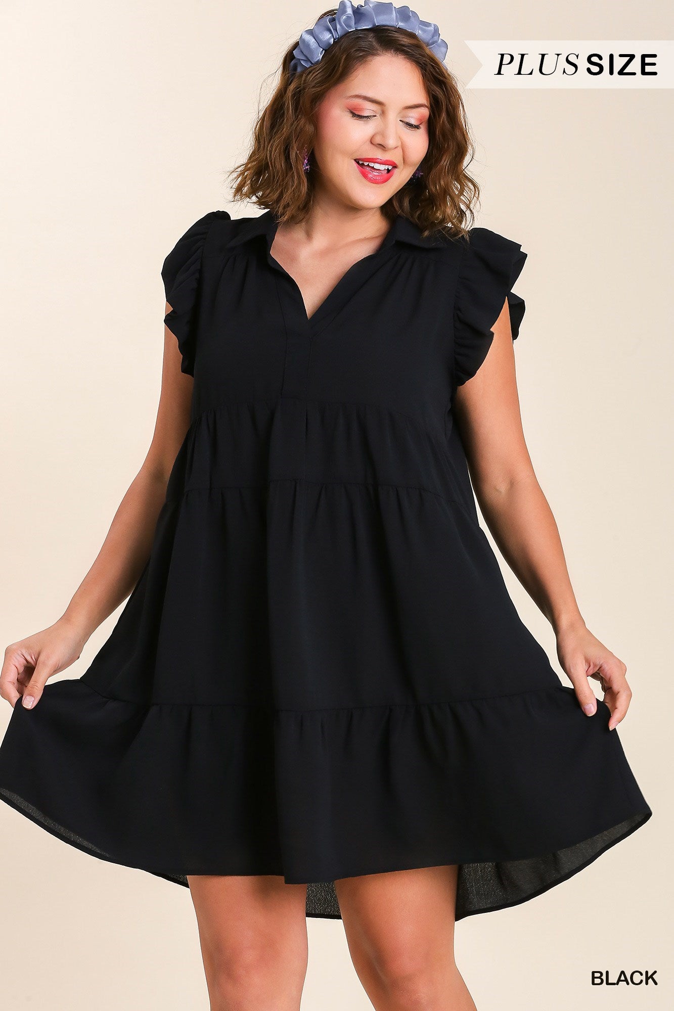 UMGEE® Tiered, Flutter Sleeves Dress-Black (Plus)