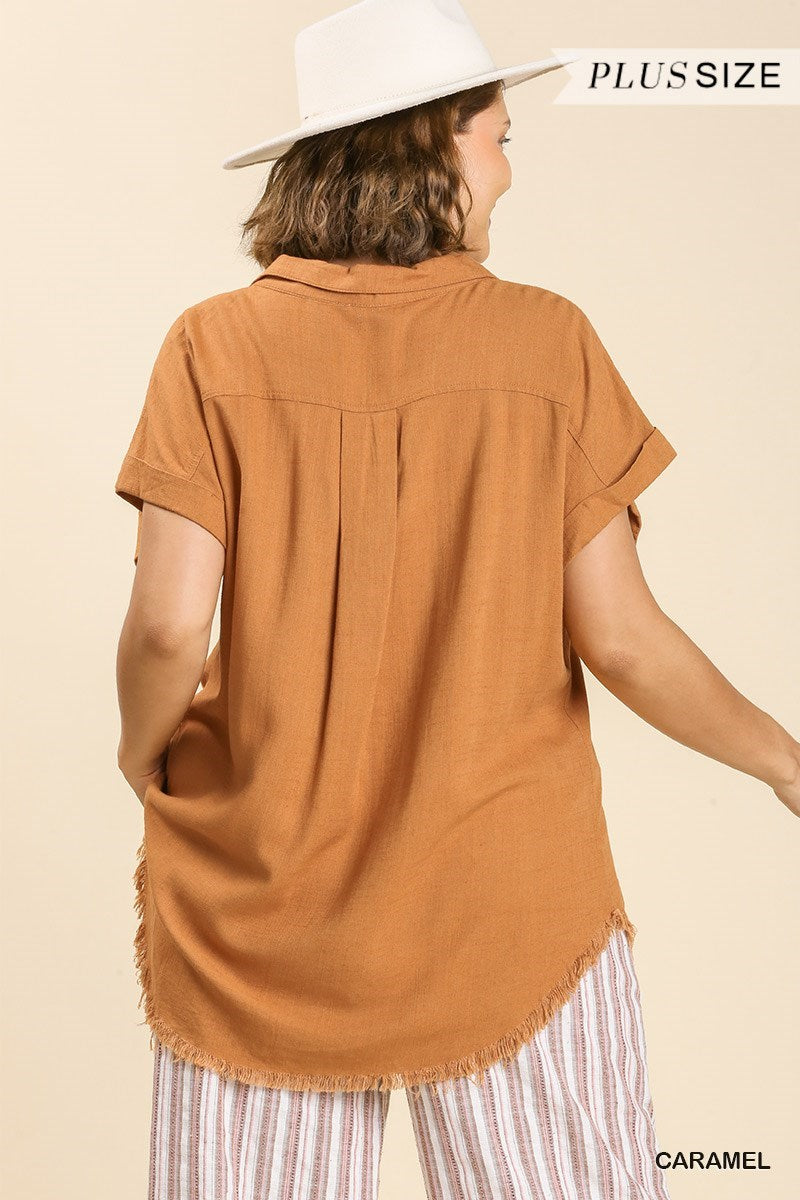 Linen Button Front Fray Hem Top