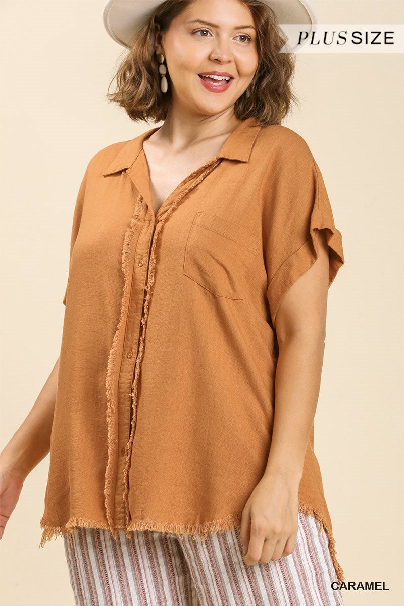 Linen Button Front Fray Hem Top