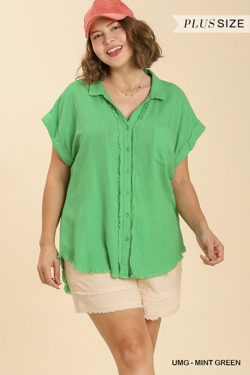 Linen Button Front Fray Hem Top