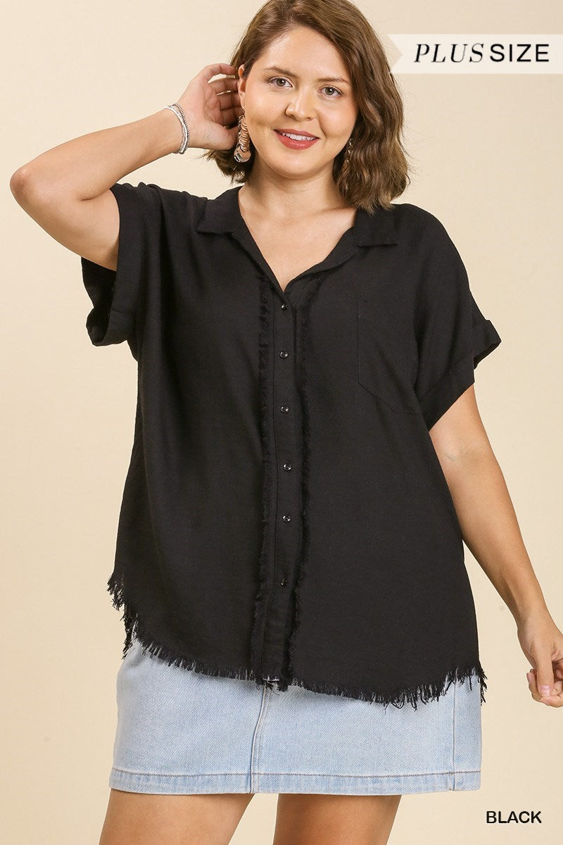 Linen Button Front Fray Hem Top