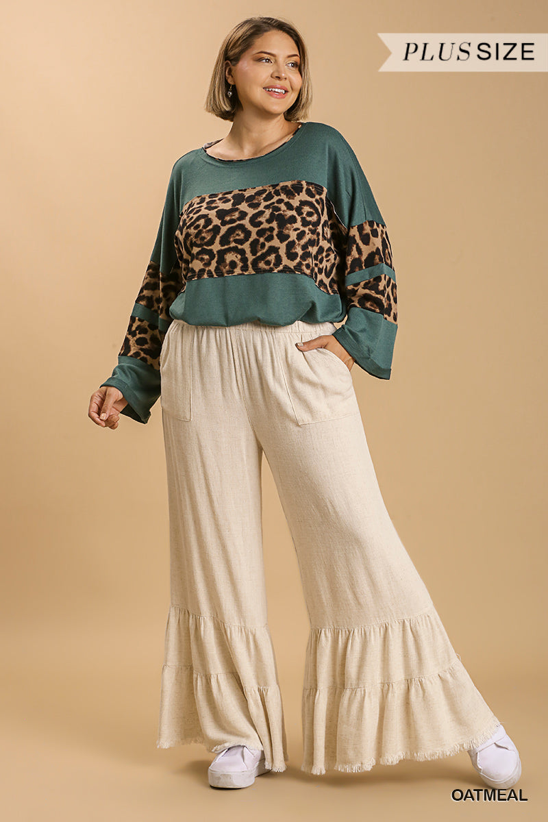 UMGEE® Linen Blend Wide Ruffle Leg Pants- Oatmeal