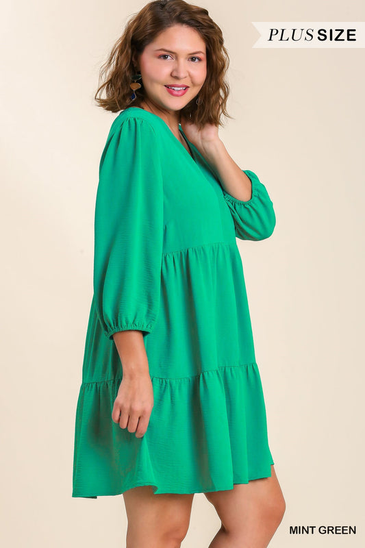 Umgee® V-Neck Tiered Dress With 3/4 Sleeve in Mint Green (Plus)