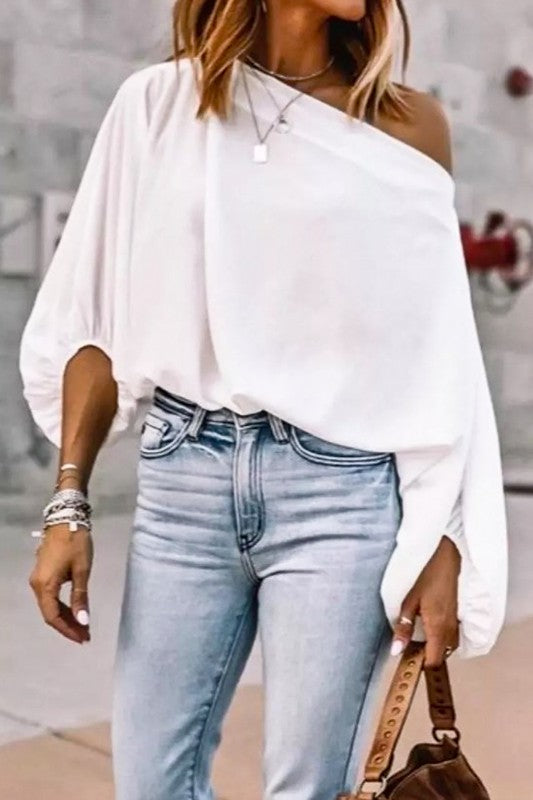 Wide Boat Neck Puff Sleeve Detail Loose Fit Blouse Top- LATTE