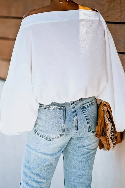 Wide Boat Neck Puff Sleeve Detail Loose Fit Blouse Top- LATTE